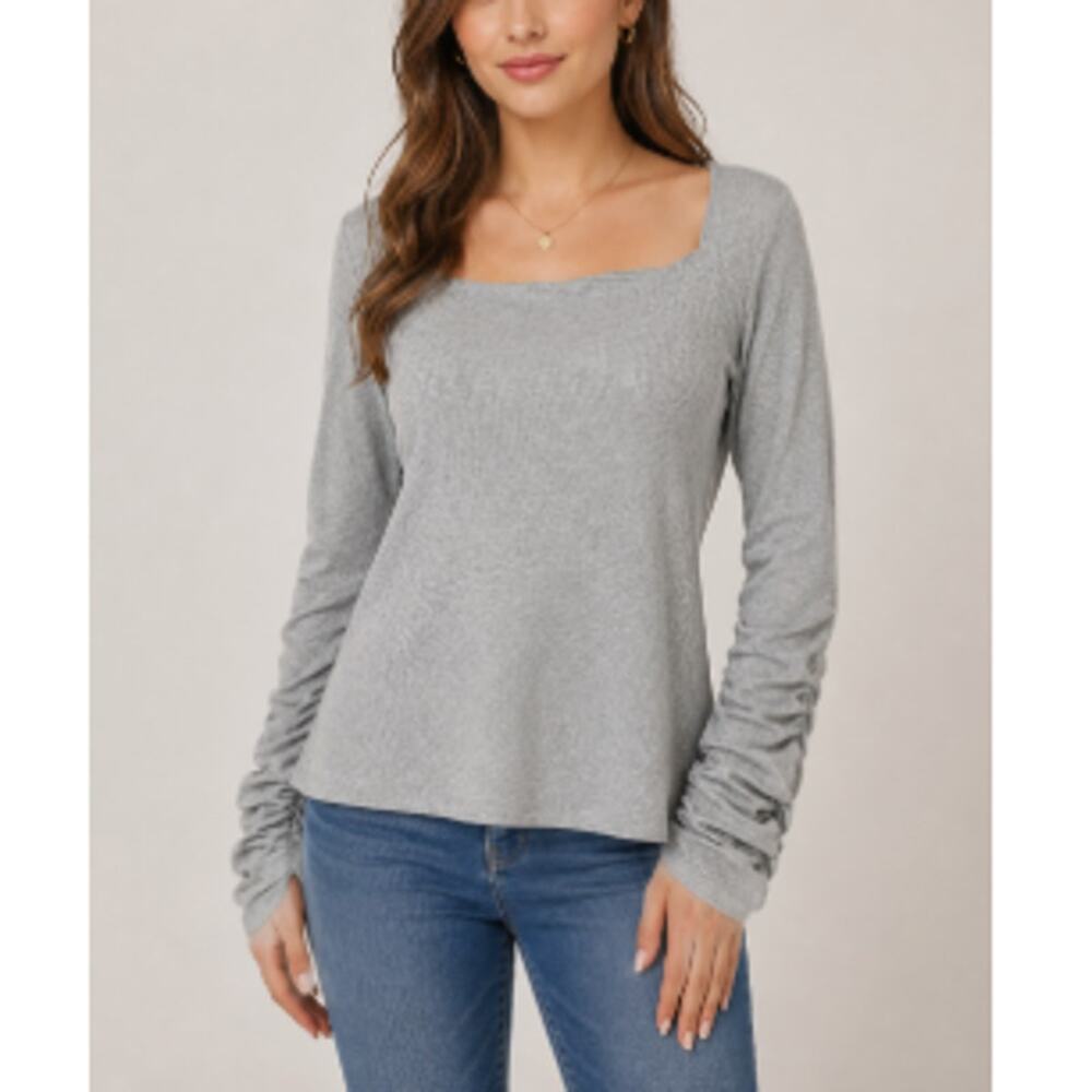 New ELODIE Nordstom Women's Gray Squareneck Ruched Sleeves Ribbed Top Size M